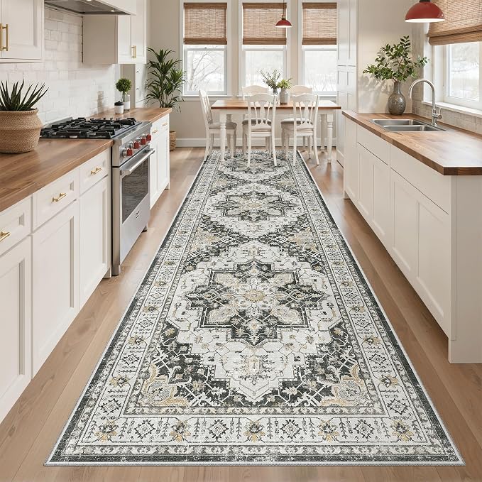 Madane Hallway Runner Rug 3x10 Washable Kitchen Runners 10ft, Black | Vintage Non-Slip Entryway Area Rugs Indoor, Soft Low-Pile Farmhouse Wide Floor Carpet for Bathroom Living Room Bedroom Foyer
