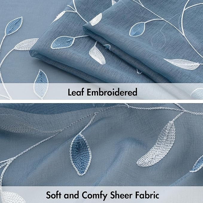 MIULEE Stone Blue Sheer Curtains 2 Panels Leaf Patterned, W52 x L84 | Embroidered Floral Semi Sheer,Rod Pocket,Faux Linen,Short Window Curtains Drapes Set for Kitchen/Bathroom/Cafe