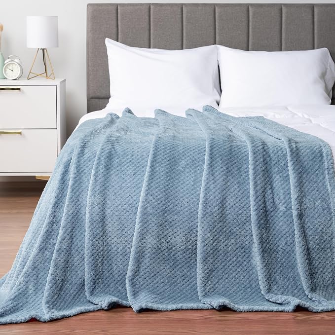 PAVILIA Dusty Blue Fleece Throw Blanket for Couch Sofa Bed, Soft Fuzzy Waffle Jacquard Microfiber, Warm Lightweight Fade-Resistant Decorative All Season Throw, 50x60