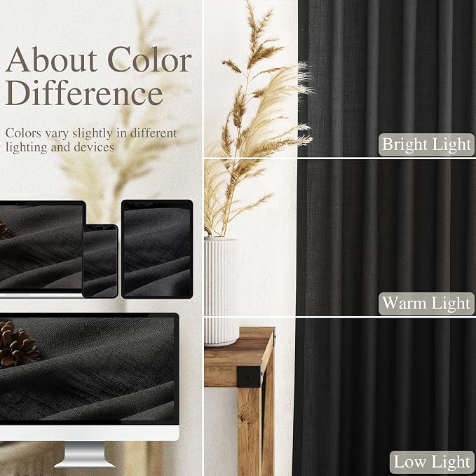 Black Boho Curtains for Bedroom Back Tab Rod Pocket Semi Sheer Linen Curtains 90 Inches Long 2 Panel Set Light Filtering Neutral Farmhouse Lightweight Drapes for Living Room 40x90 Inches
