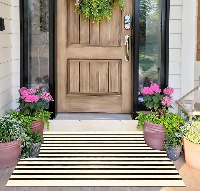 BUAGETUP Front Layered Door Mat 2'x3',Black and Beige Striped Outdoor Rug Machine Washable Cotton Outdoor Door MatEntryway Throw Rug for Indoor Entrance