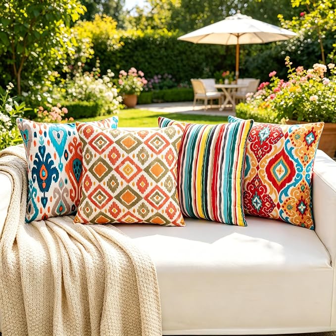 Boho Throw Pillow Covers 18x18 Set of 4 Colorful Ikat Geometric Decorative Cushion Covers with Hidden Zipper Soft Polyester Double Sided Print Machine Washable, No Inserts