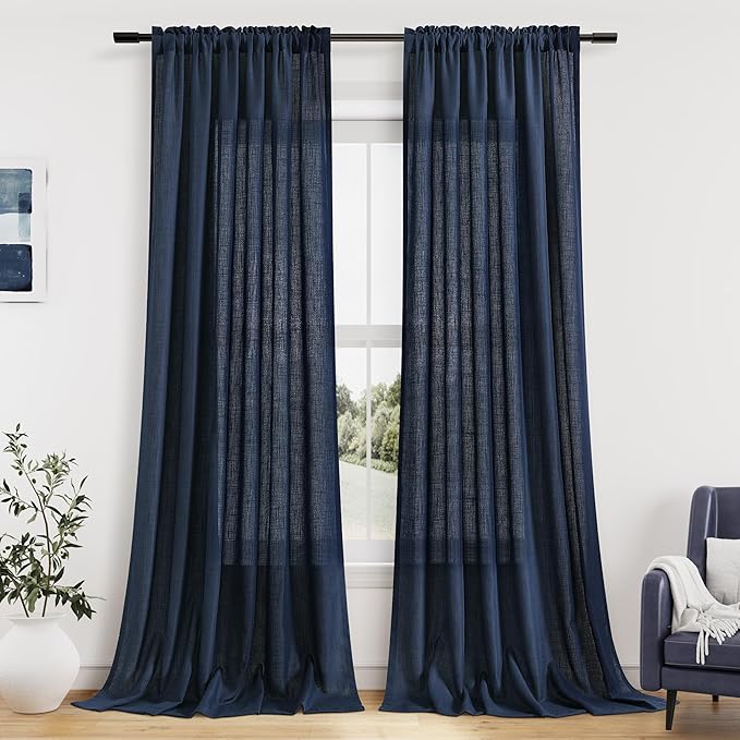 Navy Blue Linen Curtains 84 Inch Length for Living Room Bedroom 2 Panels Set Rod Pocket Light Filtering Semi Sheer Window Curtains 52 Inch Width Boho Farmhouse Linen Drapes, W52xL84