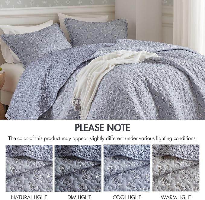 Madison Park Vintage Floral Quilt Set, 3PC King/Cal King Reversible Bed Set | Lightweight Bedspread Set with 2 Shams, Traditional Block Print Coverlets with Ruffled Edge, Grayish Blue