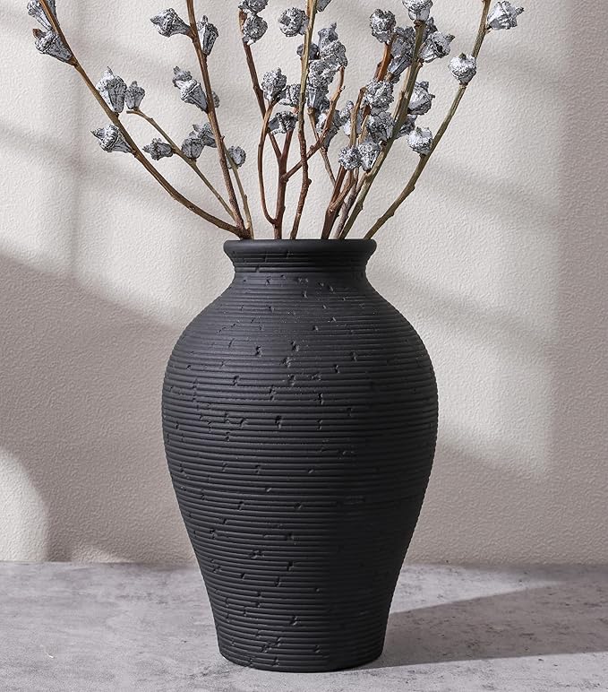 Ceramic Flower Vase Home Decor, 9 in Farmhouse Table Vases Rustic Vintage Living Room Kitchen Bedroom Pottery Decorative Vases for Flowers House Book Shelf Office Coffee Desk Dining Entryway, Black