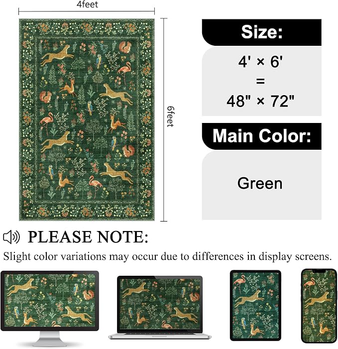 DUKINO 4x6 Area Rug, Non Slip Animal Washable Rug for Living Room, Green | Soft, Low Pile, Stain Resistant Indoor Carpet for Bedroom, Dining Room, Nursery, Farmhouse, Pet Friendly, Non-Shedding