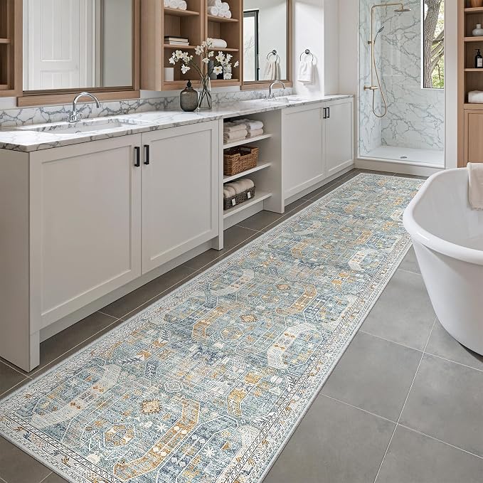 Madane Washable Runner Rugs 2x10 Long for Hallway Kitchen, Blue/Gold | Non-Slip Low-Pile 10ft Rug Runners Soft, Stain-Resistant Floor Carpet Mat for Entrance, Living Dining Laundry Room