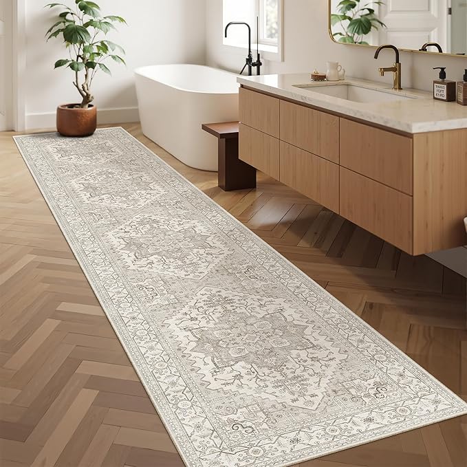 Madane Washable Runner Rugs 2x10 Long for Hallway Kitchen, Beige/Brown | Non-Slip Low-Pile 10ft Rug Runners Soft, Stain-Resistant Floor Carpet Mat for Entrance, Living Dining Laundry Room, Stair