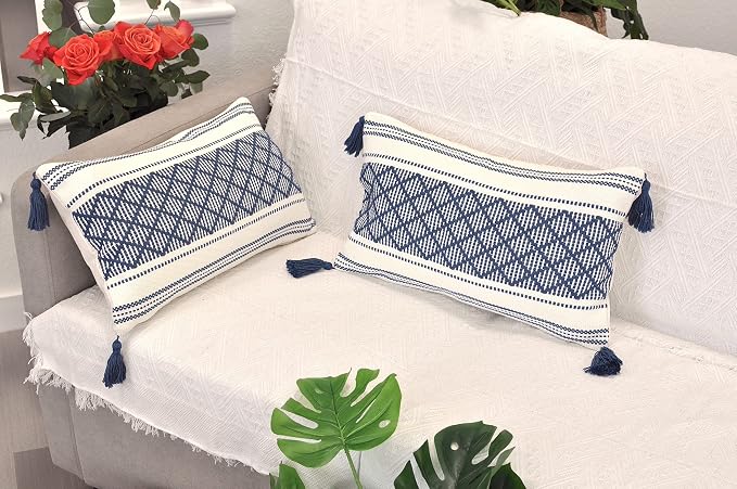 Decorative Boho Lumbar Pillow Covers with Tassels Navy Blue Off White, 12x20 inch -Set of 2 / Small Rectangle Cushion Covers for Couch Sofa/ Farmhouse Woven Pillow Cases/ Accent Chair Pillow Covers