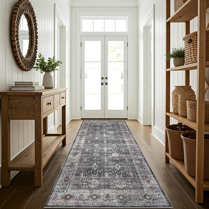 Machine Washable Area Rug, Soft & Durable, Non-Slip, Stain Resistant Rug for Bedroom, Living Room, Dining Room, High Traffic Areas. (Grey, 2.5' X 10')