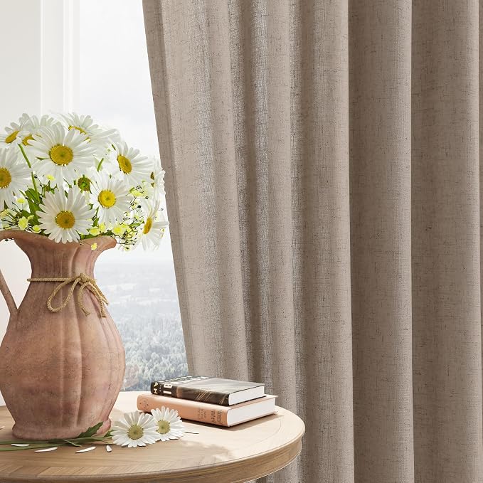 Khaki Linen Curtains 108 Inches Long 2 Panel Set Rod Pocket Semi Sheer Dining Room Cozy Bedroom Decor Cotton Look Country Rustic Farmhouse Boho Curtains 52x108