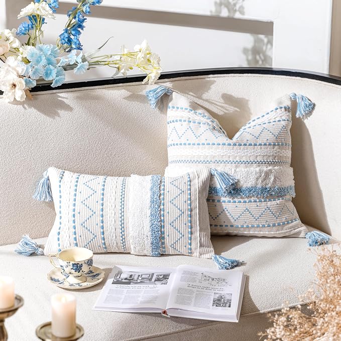 BlissBlush 20X20 Throw Pillow Cover, Coastal Blue Square Decorative Cushion Cover, Boho Accent Pillowcase with Tassels for Couch Sofa Living Room (Cover Only)