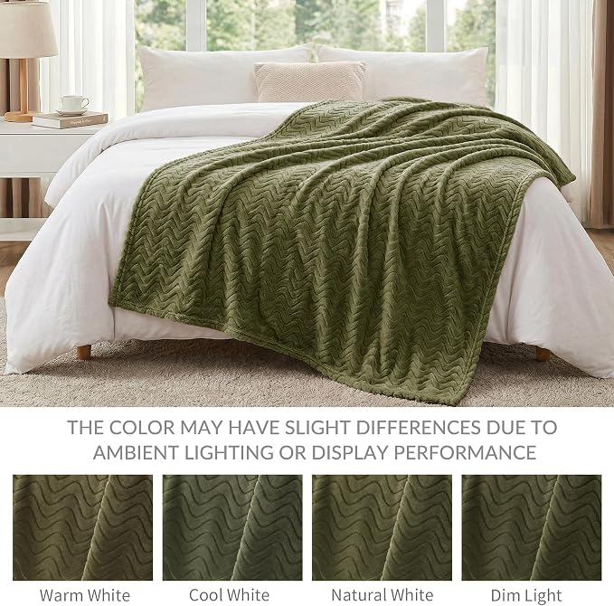 Exclusivo Mezcla Soft Fleece Blanket Twin Size for Bed, Sofa, Olive Green | 90"x66" Breathable Lightweight Flannel Blanket for Summer, Plush Cozy Jacquard Wave for Home Decor