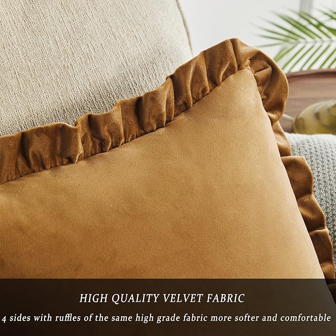 GIGIZAZA Pack of 2 Dark Gold Throw Pillow Covers 18x18 Decorative Ruffle Velvet Cushion Cover for Couch Pillowcase