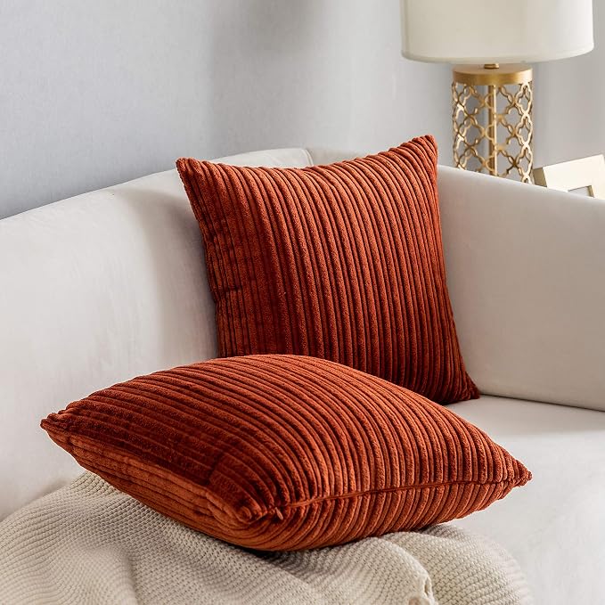 Kevin Textile Striped Corduroy 22”x22” Pillow Covers 2 Pack, Burnt Brick