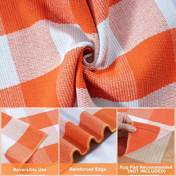 LEEVAN Halloween Outdoor Buffalo Plaid Door Mat Fall Decor Entryway Rugs | 2x4.3 Orange and White Autumn Washable Front Porch Door Mat, Small Farmhouse Layered Checkered Rug for Kitchen Patio Bathroom