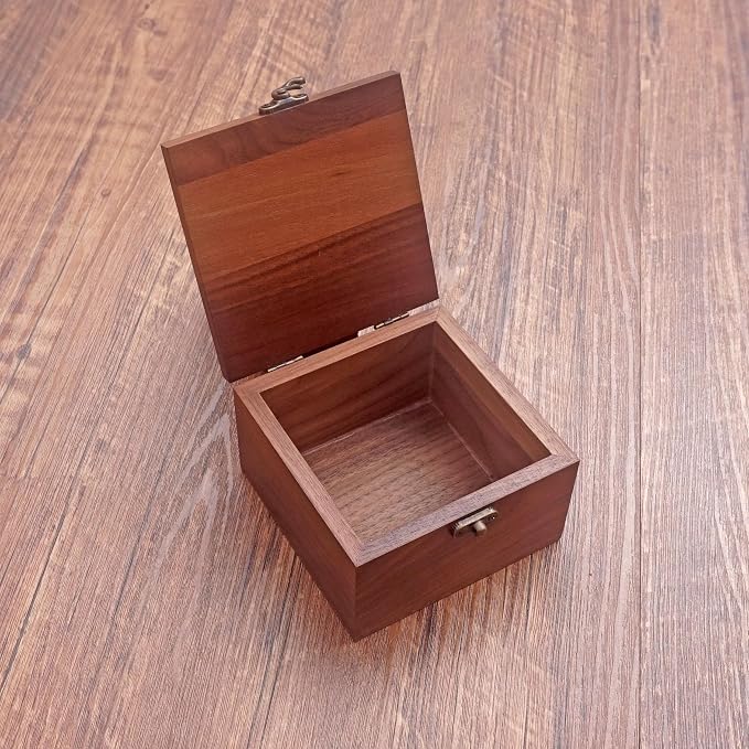 Handcrafted Walnut Wood Keepsake Box – 4.3 x 4.3 x 2.5 inch – Jewelry, Watch & Gift Storage Box – Rustic Wooden Box for Wedding, Birthday, Christmas
