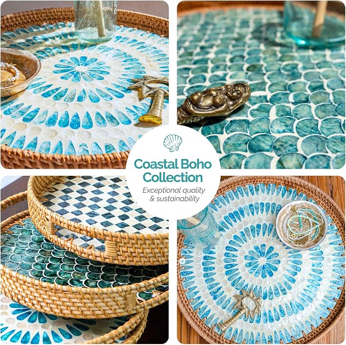 JUNGLE CULTURE Round Rattan Tray with Mother of Pearl Inlay • Ripple 12”