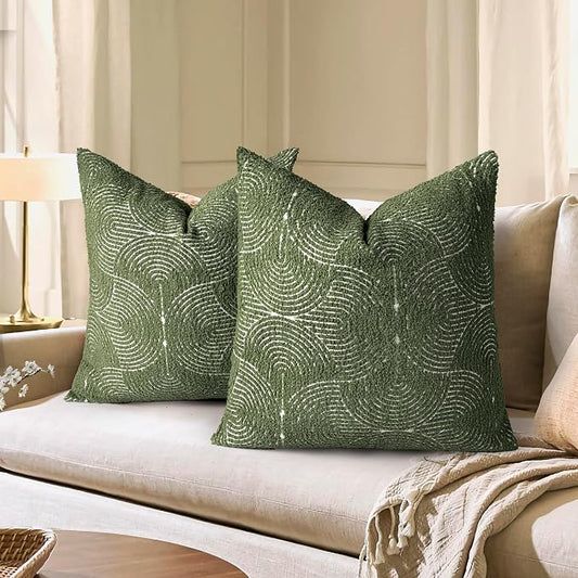 AELS Boho Decorative Textured Throw Pillow Covers 22x22, Modern Mid Century Rainbow Tufted Pillow Case, Farmhouse Rustic Geometric Woven Cushion Case for Bed Couch Sofa, Olive Green
