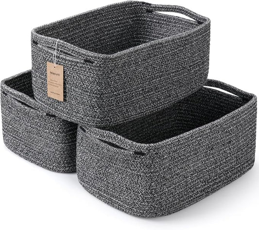 3 Pack Small Storage Baskets for Organizing, 11.8×7.8×5.1", Mixed Black | Woven Baskets for shelves, Cotton Rope Basket for Gifts Empty, Closet Organizer Bins with Handles, Cube Decorative Box