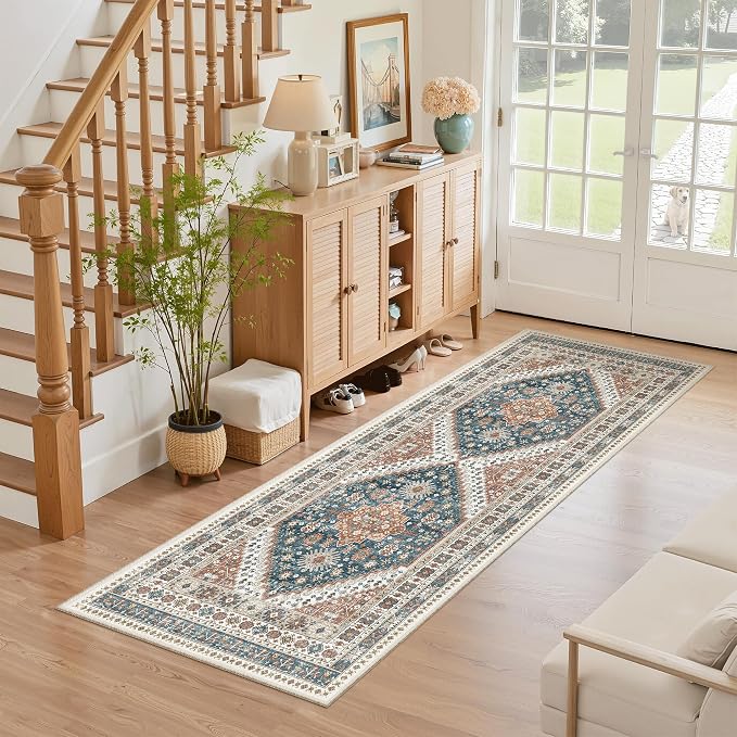 Madane Washable Runner Rug 2x6 Runners for Hallways Non Slip, Navy Blue | Vintage Stain-Resistant 6 Feet Kitchen Rug, Soft Low-Pile Ultra-Thin Floor Carpet Mat for Bathroom Laundry Room Bedroom 2x6ft