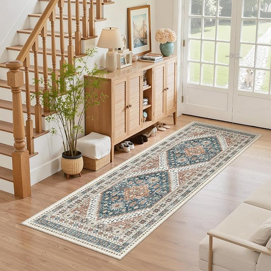 Madane Washable Runner Rug 2x6 Runners for Hallways Non Slip, Navy Blue | Vintage Stain-Resistant 6 Feet Kitchen Rug, Soft Low-Pile Ultra-Thin Floor Carpet Mat for Bathroom Laundry Room Bedroom 2x6ft