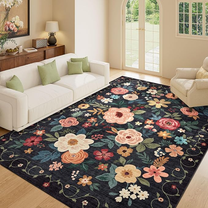 DUKINO 5x7 Area Rugs, Floral Washable Rug for Living Room Non Slip, Black | Soft, Low Pile, Stain Resistant Indoor Rug for Bedroom, Dining Room, Office, Pet Friendly, Lightweight, Modern Home Decor