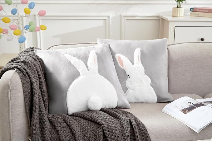 Pack of 2 Spring Easter Pillow Covers 18x18 Inch,3D Embroidered Bunny Rabbit Pillowcase Throw Covers Velvet Easter Decorative Cushion Cover (Light Gray -2PCS)
