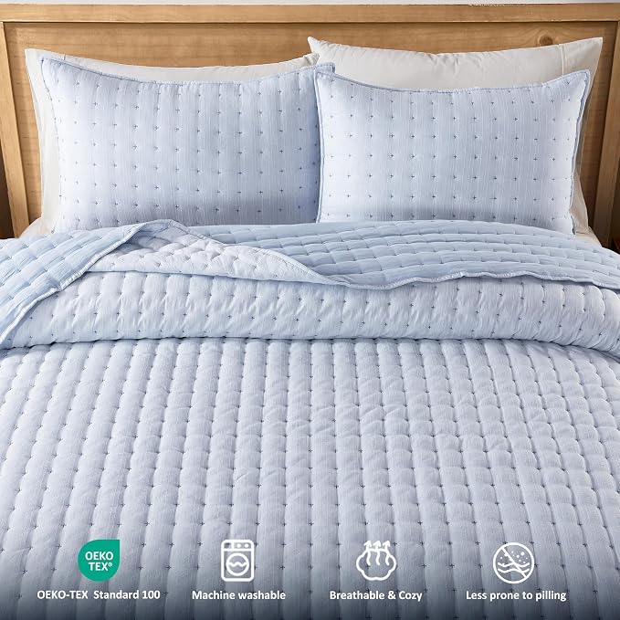 WDCOZY Blue Oversized King Quilt Set, California Cal King Rustic Bedspread, Textured Like Linen, Lightweight Soft Farmhouse Coverlet, Spring Summer Thin Comforter, 3 Pieces, 116x106 inches