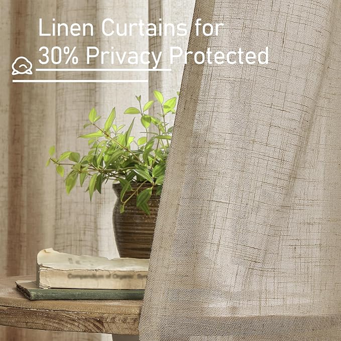 Taupe Sheer Linen Curtains 80 inch Light Filtering Semi Sheer Panels | Linen Textured, Farmhouse Curtains for Bedroom, Living Room, Window Treatment, Rod Pocket Back Tab, 52 x 80 Inch, 2 Panels