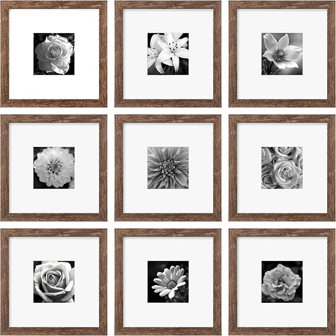 eletecpro Picture Frames Set of 9, 8x8 in, Acrylic Cover, Drift Brown | Display Photo 4x4 with Mat or 8x8 without, Square Gallery Collage, Wall Mount, Minimalist Home Decor, Engineered Wood