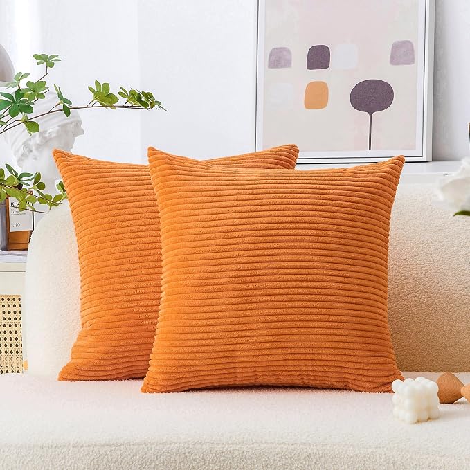 Home Brilliant Burnt Orange Pillow Covers 18x18 Striped Corduroy Throw Pillow Cover Set of 2 Decorative Couch Fall Rust Pillow Covers for Thanksgiving, 18 x 18 inch, Orange