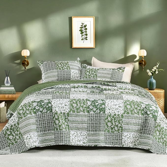 Litanika Floral Sage Quilt Queen - 3Pcs Botanical Birds Bedding Set | Patchwork Bedspread Summer Lightweight Soft Coverlet for All Seasons (96"x90")