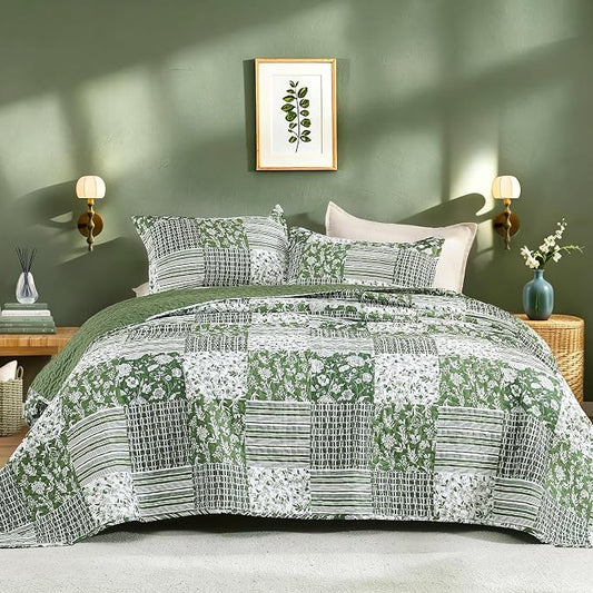 Litanika Floral Sage Quilt Queen - 3Pcs Botanical Birds Bedding Set | Patchwork Bedspread Summer Lightweight Soft Coverlet for All Seasons (96"x90")