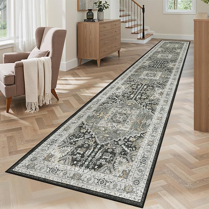 Madane Washable Runner Rugs 2x10 for Hallway Kitchen Grey Green/Black Olive | Non-Slip Low-Pile 10ft Rug Runners Soft, Stain-Resistant Floor Carpet Mat for Entrance, Living Dining Laundry Room, Stair