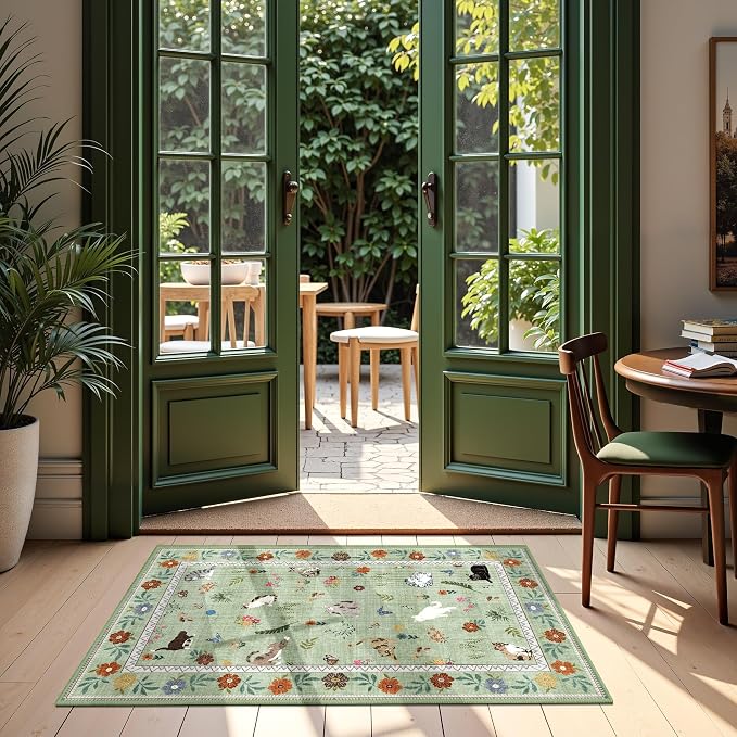 AIMPEAK Green 2x3 Washable Door Mat - Non Slip Low Pile Cat Floral Boho Small Area Rug for Entryway, Kitchen, Front Door, Indoor Entrance, Kids Room Throw Rug Carpet, Green Multi