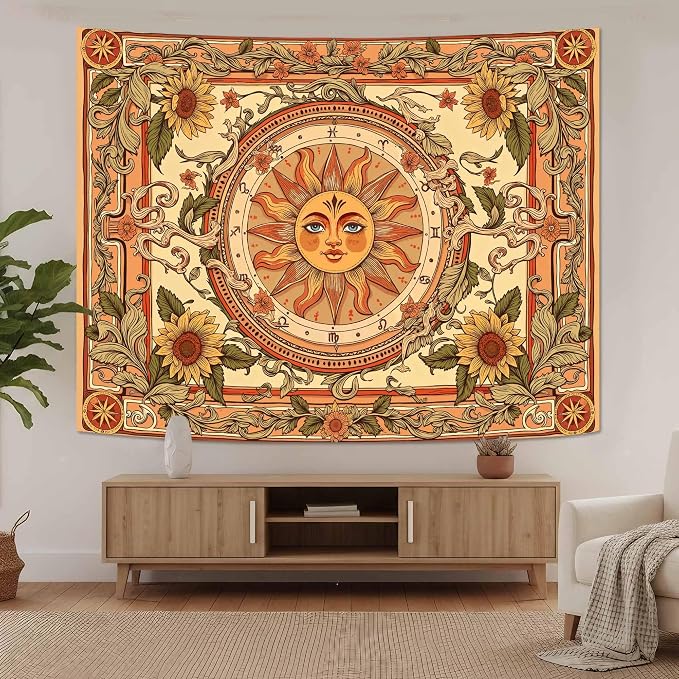 Accnicc Yellow Sun Tapestry Boho Floral Sunflower Plant Wall Tapestry for Bedroom Aesthetic Vintage Flower Celestial Small Tapestries Wall Hanging for Dorm Living Room Decor 60 x 44 Inch