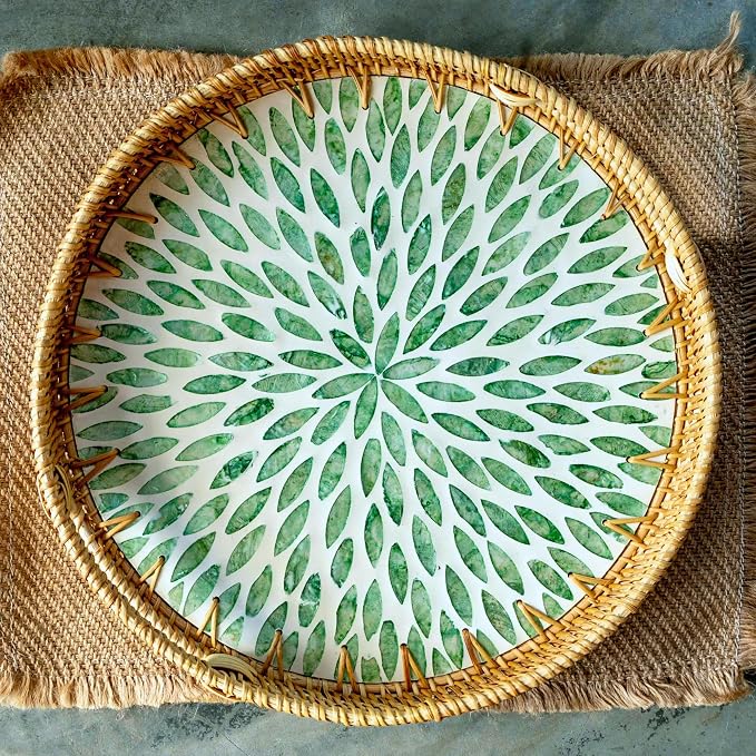 JUNGLE CULTURE Round Rattan Tray with Mother of Pearl Inlay • Everglade 14"