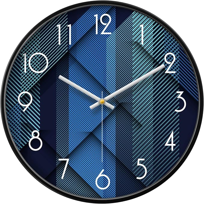 Silent Non-Ticking Analog Wall Clock, Geometric Blue Print, 12'' | Battery Operated, Modern, Metal Frame & HD Tempered Glass, Decorative for Home & Office, Bedroom, Kitchen, Living Room