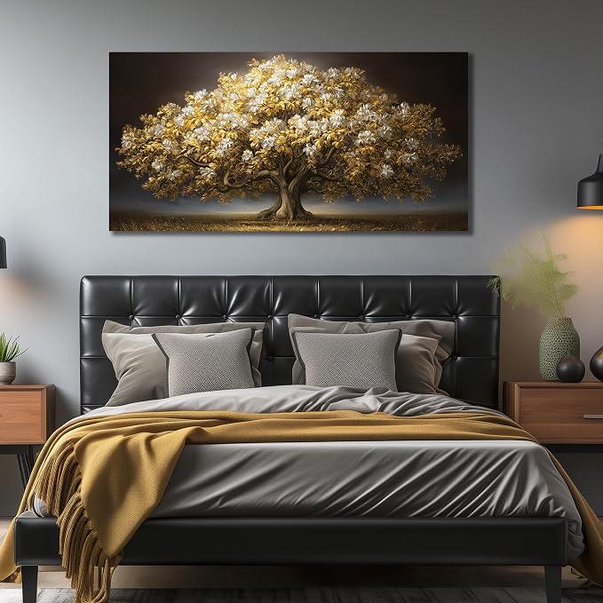 DNIEOTU Large Tree Wall Art for Living Room, White Flower and Gold Leaves Canvas Wall-Decor for Bedroom, Landscape Picture Prints for Hallway Office, Size 59 x 29 Inches
