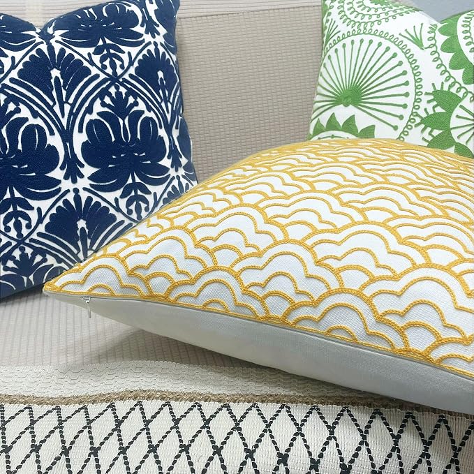 Slow Cow Embroidery Decorative Throw Pillow Cover for Couch Sofa Geometric Accent Pillow Cover Cushion Cover 18 x 18 Inches Yellow