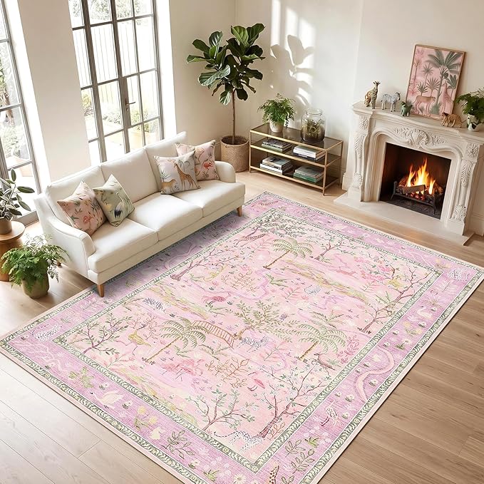 8x10 Washable Rug for Living Room Purple Animal Print Large Bedroom Rugs Non Slip Forest Nursery Girls Room Throw Carpet Stain Resistant Whimsical Safari Area Rugs for Home Office, Lavender