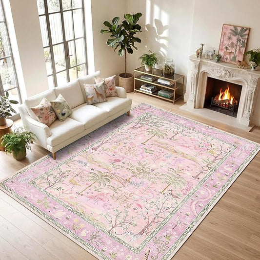 8x10 Washable Rug for Living Room Purple Animal Print Large Bedroom Rugs Non Slip Forest Nursery Girls Room Throw Carpet Stain Resistant Whimsical Safari Area Rugs for Home Office, Lavender