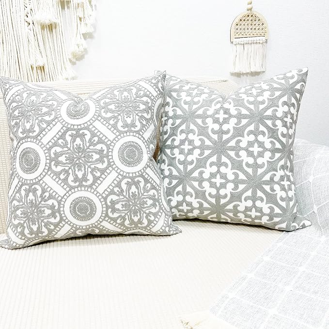 Slow Cow Embroidery Decorative Throw Pillow Cover Geometric Design Cushion Cover for Living Room 20 x 20 Inches Grey