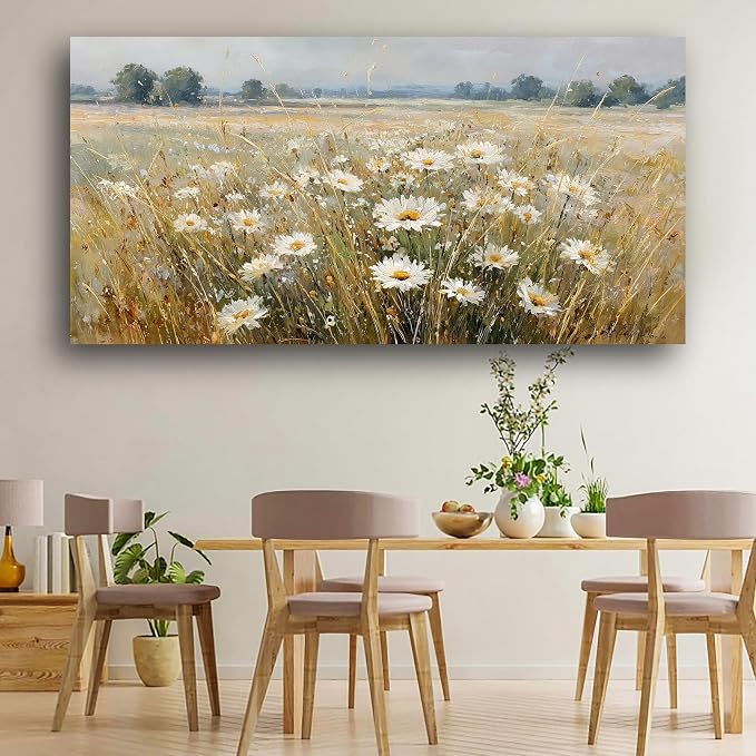 Abstract White Flower Landscape Picture Canvas Art Hanging Living Room Dining Room and bedroom,Grassland scenery Wall Art Prints Modern Style Artwork Waterproof Ready to Hang - 20x40 Inch