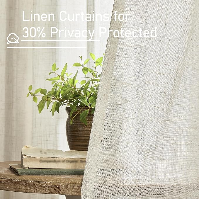 Short Kitchen Linen Curtains 30 Inch Length for Small Windows | Cream Ivory, Semi Sheer Light Filtering Panels, Cafe Drapes for Half Window, Rod Pocket Back Tab, 2 Panels, 25 x 30 Inch