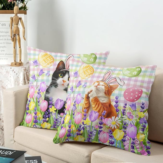 Spring Easter Pillow Covers 22x22 Set of 2 Lovely Cow Cat and Ginger Cat Wearing Bunny Ears Throw Pillow Covers Tulip Floral Pillow Case for Easter Decoration Sofa Patio Garden