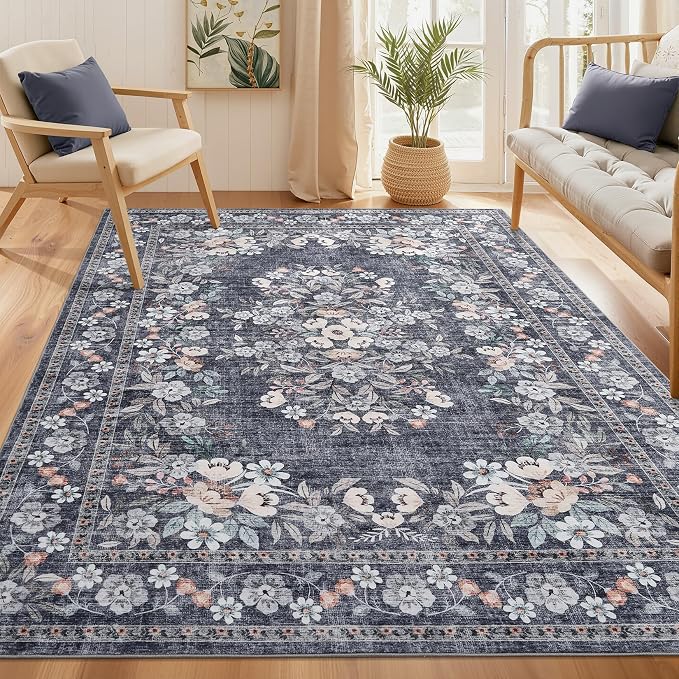 GarveeHome 5x7 Vintage Area Rug for Dining Botanical Boho Accent Carpets | Machine Washable Flower Bordered Floor Cover Mats Non-Slip Low Pile Vintage Floral Rugs for Living Room Bedroom Blue