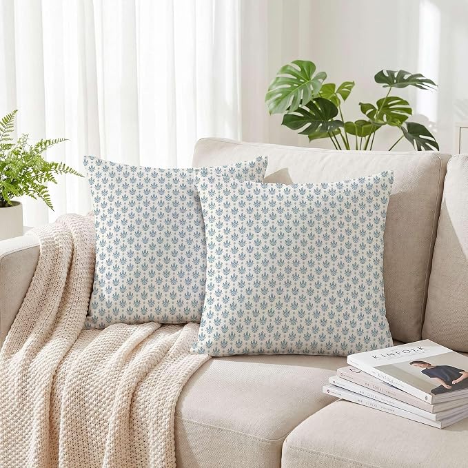 Hexagram Floral Pillow Covers 18x18, Vintage Blue Throw Pillow Covers | Aqua Blue, Set of 2, Farmhouse Neutral Decorative for Couch Pillows, Home Decor, Living Room, Bedroom, No Insert