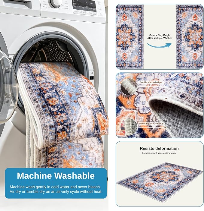 2x6 Rug Runners for Hallways Non Slip, Washable Kitchen Runner Rug | Soft faux wool, machine washable & stain resistant. Non-slip rubber backing, low pile. For hallway, kitchen, bedroom.Blue.